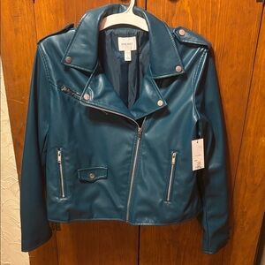 Nine West Women's Blue Faux Leather Moto Jacket Large NWT